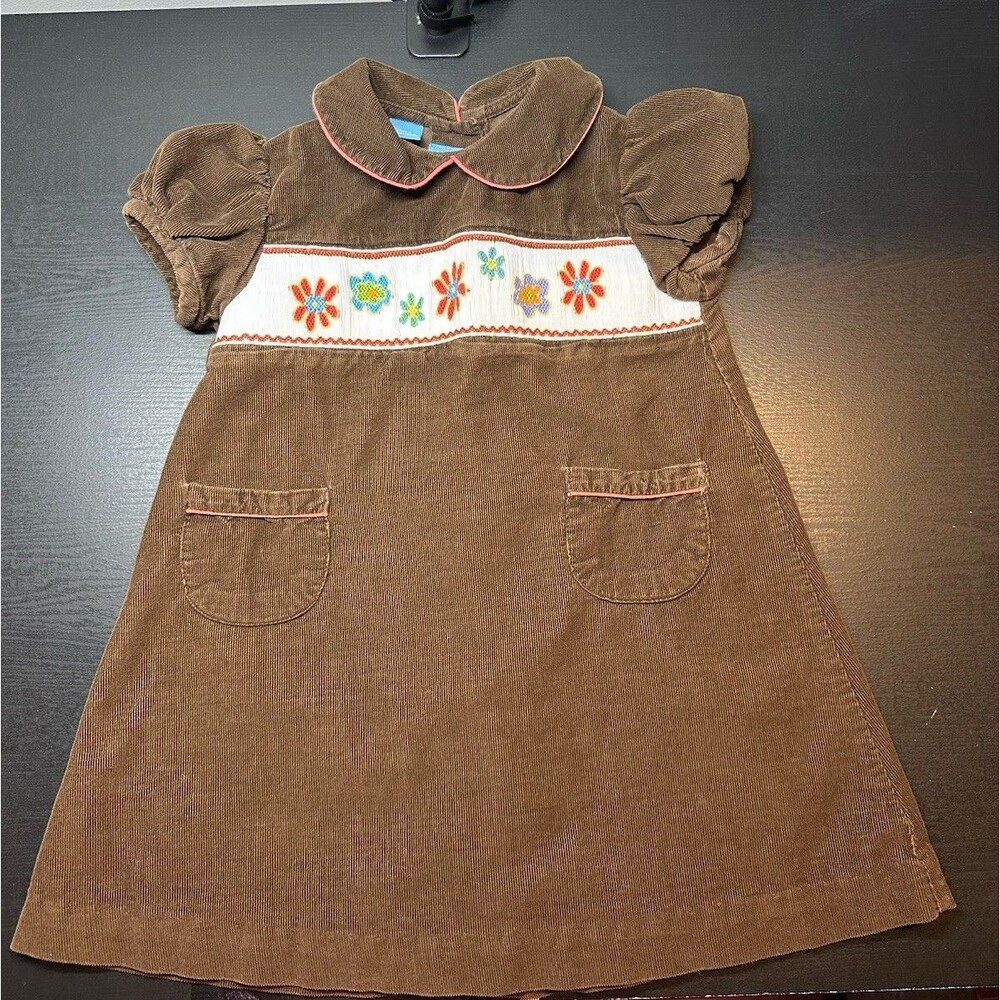 Anavini Smocked Girls Dress Brown Floral Embroidery Sz 3 #1361